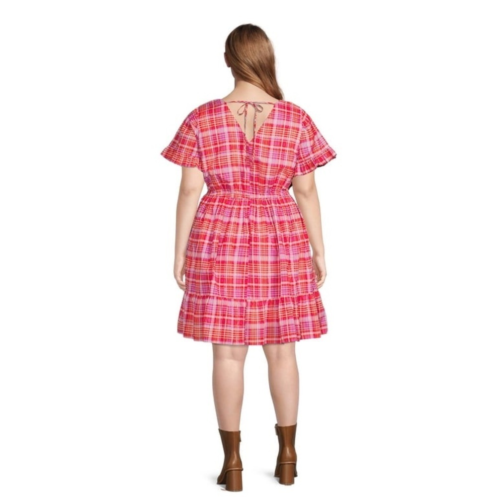 Terra & Sky Pink Plaid Ruffle Dress V-Neck Short Sleeve Plus Size 1X - Picture 2 of 11